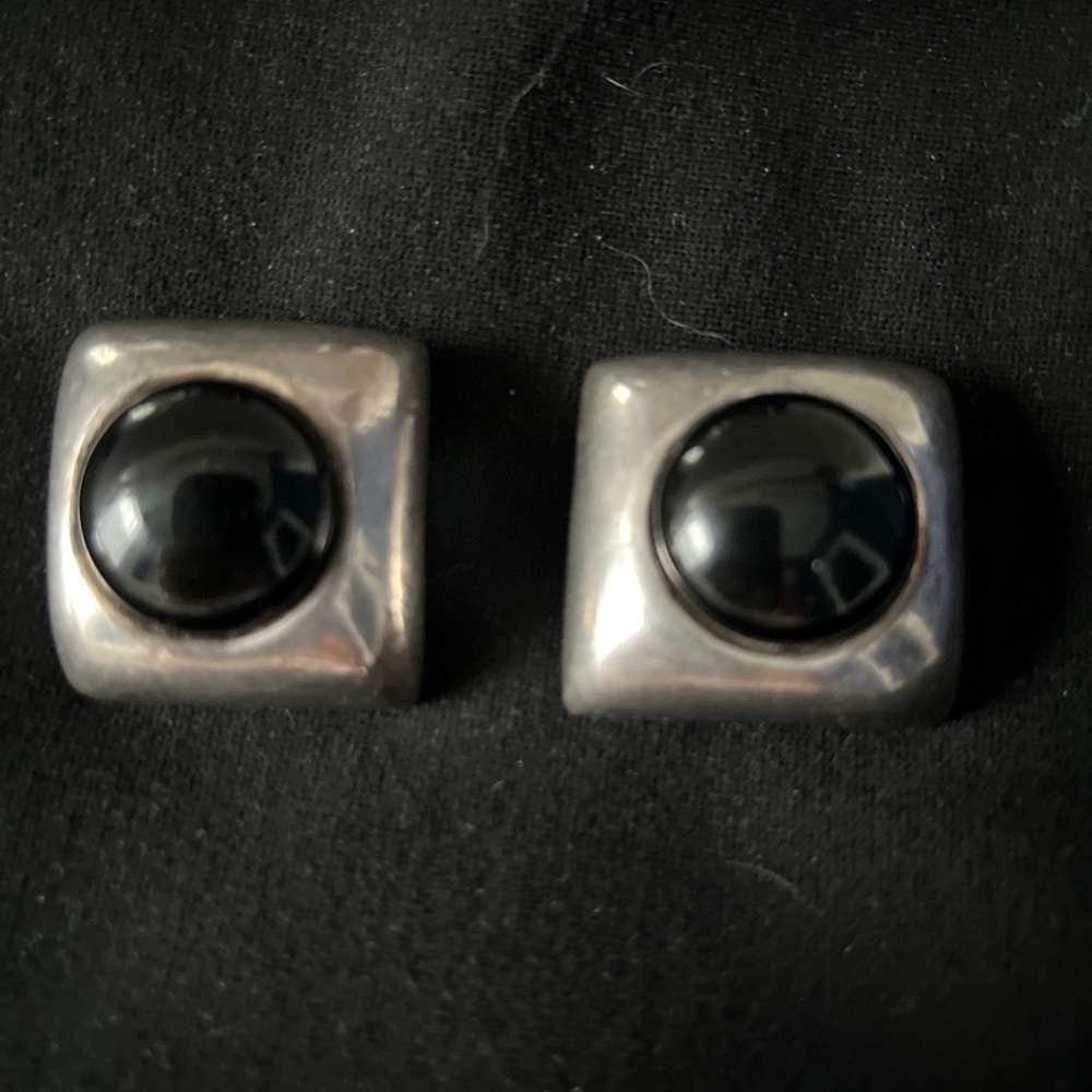 Vtg SIMON SEBBAG HUGE Sterling Silver & Onyx Dangle Earrings Modern